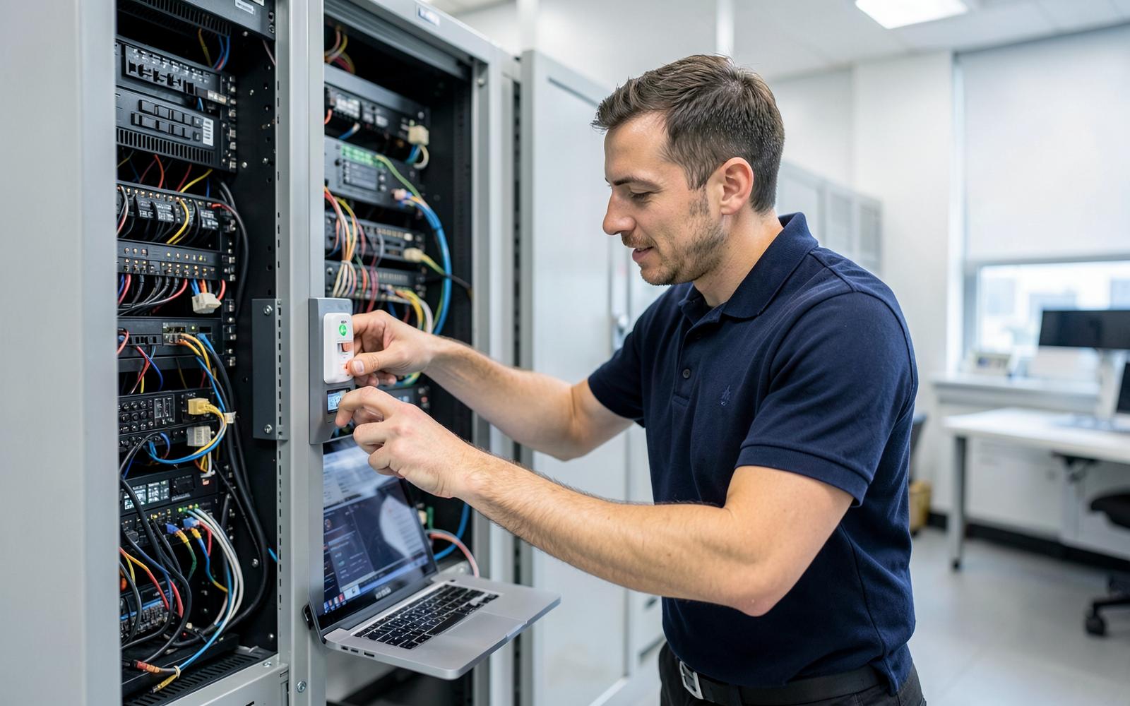 BZS-Servicetechniker bei der Inbetriebnahme eines Türcontrollers